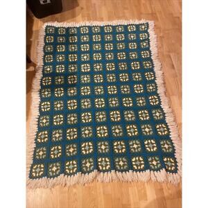 Vintage Handmade Teal Blue Afghan Throw Blanket Granny Square Fringe - 48” x 64”
